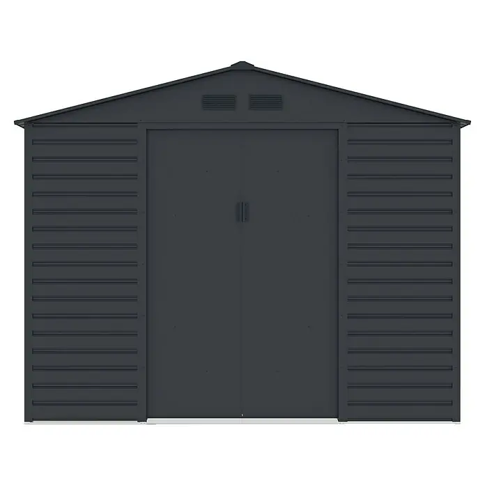 Gardol Gerätehaus Easy One Max - Außenmaß inkl. Dachüberstand (B x T): 277 x 259 cm, Stahl, Anthrazit - Bild eines grauen Metallgartenhauses mit Doppeltür und Lüftungsschlitzen. Die Seitenwände sind horizontal geriffelt.
