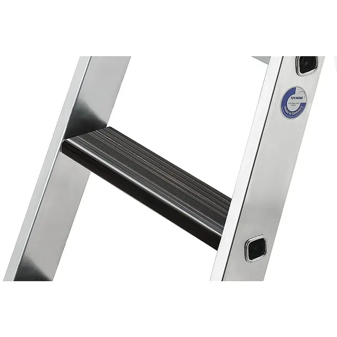 Proregal Doppel-Stehleiter beidseitig begehbar - Anzahl Tritte: 10 Stk., Arbeitshöhe: 2.650 mm, Belastbarkeit: 150 kg, Aluminium - Silberne Aluminiumleiter mit schwarzer Anti-Rutsch-Stufe und 'TÜV NORD Made in Germany' Qualitätssiegel.