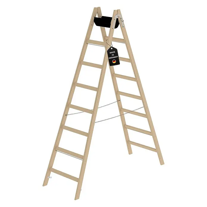 Proregal Doppel-Stehleiter mit 16 Sprossen - Anzahl Tritte: 16 Stk., Arbeitshöhe: 3.600 mm, Belastbarkeit: 150 kg, Holz - Eine hellbraune Holz-Klappleiter mit schwarzer Ablageschale und silbernen Sicherheitsketten, gekennzeichnet als "Made in Germany".