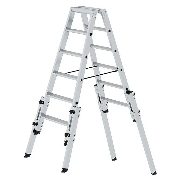 Proregal Doppel-Stehleiter treppengängig - Anzahl Tritte: 12 Stk., Arbeitshöhe: 3.200 mm, Belastbarkeit: 150 kg, Aluminium - Gelenkige silberne Aluminium-Mehrzweckleiter mit verstellbaren Beinen.