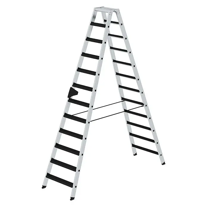 Proregal Doppel-Stehleiter beidseitig begehbar - Anzahl Tritte: 24 Stk., Arbeitshöhe: 4.300 mm, Belastbarkeit: 150 kg, Aluminium - Silberne Aluminium-Klappleiter mit schwarzen rutschfesten Stufen für stabilen, freistehenden Einsatz.