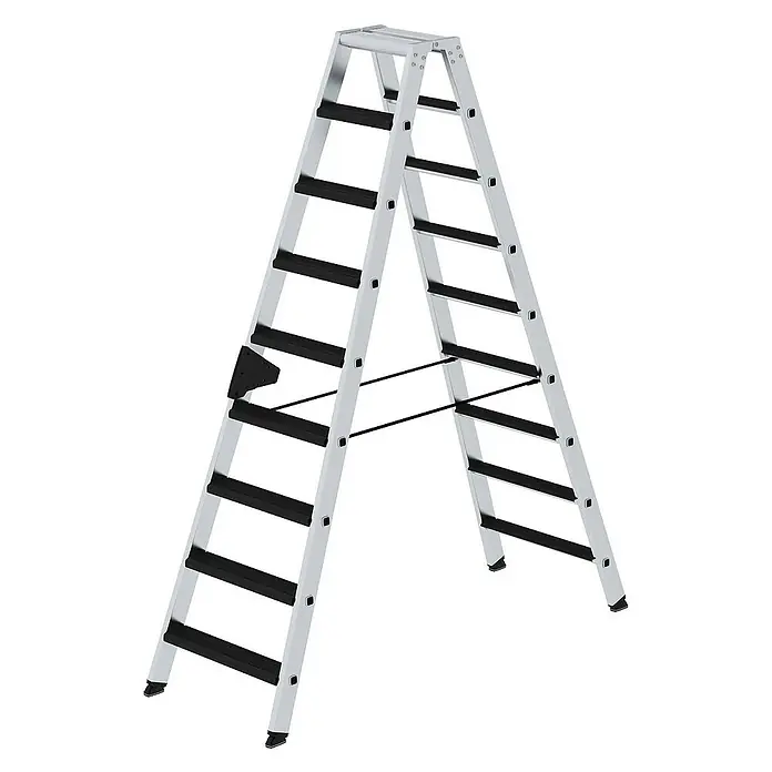 Proregal Doppel-Stehleiter beidseitig begehbar - Anzahl Tritte: 18 Stk., Arbeitshöhe: 3.600 mm, Belastbarkeit: 150 kg, Aluminium - Silberne Aluminium-Klappleiter mit schwarzen rutschfesten Stufen und stabilen Spreizsicherungen.