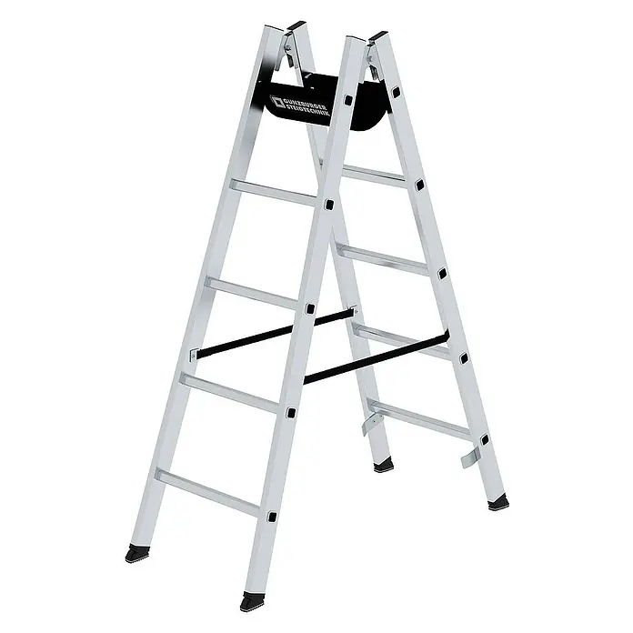 Proregal Doppel-Stehleiter 2x5-Sprossen - Anzahl Tritte: 10 Stk., Arbeitshöhe: 2.600 mm, Belastbarkeit: 150 kg, Aluminium - Silberne Aluminium-Klappleiter mit schwarzen Anti-Rutsch-Füßen und Ablageschale.