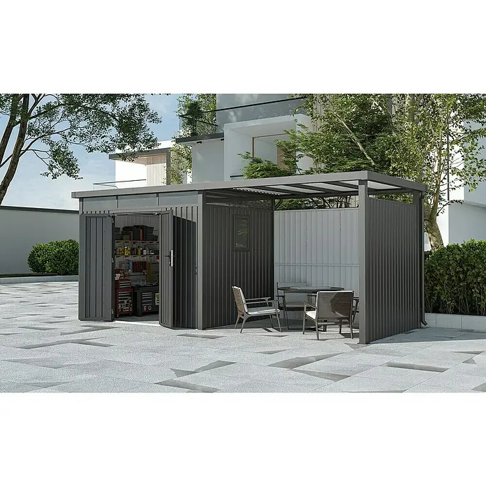 Gardol Rück- & Seitenwand Cubus - Höhe: 190 cm, Passend für: Gardol Gerätehaus-Anbau Cubus & Cubus Max - Übersicht des modernen Gartenhauses mit Geräteschuppen und überdachter Sitzecke, ideal für stilvolle Aufbewahrung und Entspannung im Freien.