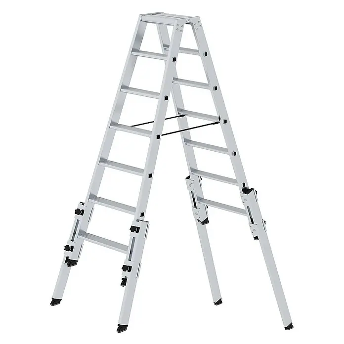 Proregal Doppel-Stehleiter treppengängig - Anzahl Tritte: 14 Stk., Arbeitshöhe: 3.450 mm, Belastbarkeit: 150 kg, Aluminium - Silberne Aluminium-Mehrzweckleiter mit verstellbaren Beinen, als Stehleiter konfiguriert.