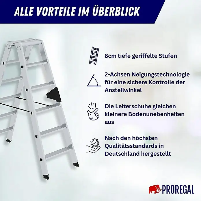 Proregal Doppel-Stehleiter beidseitig begehbar - Anzahl Tritte: 12 Stk., Arbeitshöhe: 2.900 mm, Belastbarkeit: 150 kg, Aluminium - Silberne Aluminium-Klappleiter mit breiten, geriffelten Stufen und beweglichen Füßen für Stabilität, hergestellt in Deutschland.
