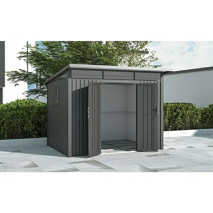 Gardol Gerätehaus Style Max - Außenmaß inkl. Dachüberstand (B x T): 289 x 253 cm, Stahl, Schwarz - Metall-Gartenschrank mit Doppeltür und Fenster. Der graue Geräteschuppen bietet optimalen Stauraum für den Garten.