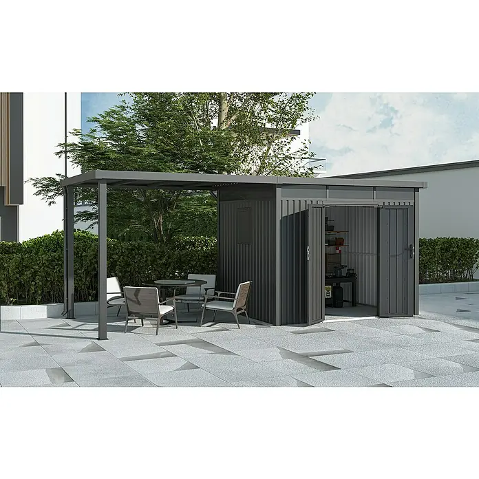 Gardol Gerätehaus-Anbau Cubus & Cubus Max - 230 x 275 cm, Stahl, Schwarz, Passend für: Gardol Gerätehaus Cubus - Ein modernes Metallgartenhaus mit offenem Anbau und Sitzgruppe auf einer gepflasterten Fläche. Praktisch und stilvoll für den Garten.