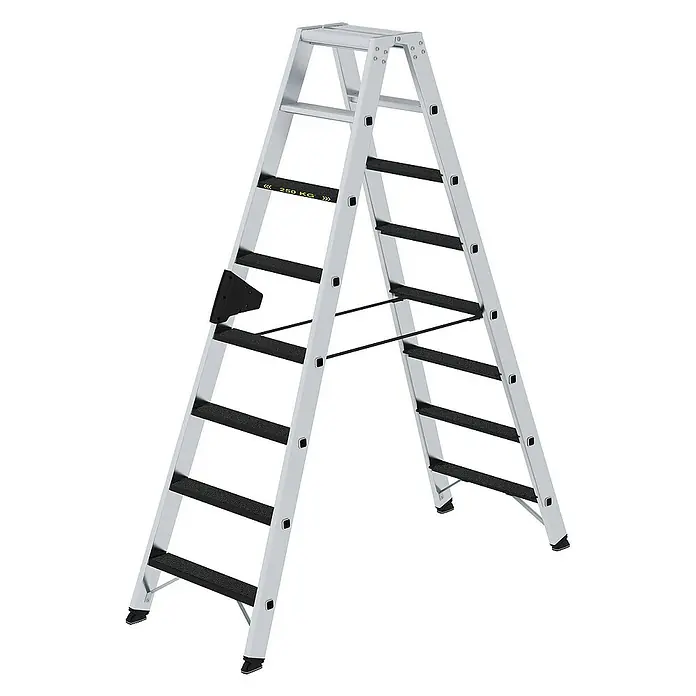 Proregal Doppel-Stehleiter mit 16 Stufen - Anzahl Tritte: 16 Stk., Arbeitshöhe: 3.400 mm, Belastbarkeit: 250 kg, Aluminium - Silberne A-Leiter mit schwarzen rutschfesten Stufen und 250 kg Tragfähigkeit, mit Sicherheitsstrebe und schwarzen Füßen.