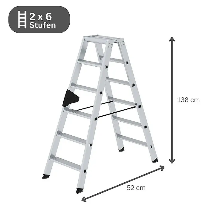Proregal Doppel-Stehleiter beidseitig begehbar - Anzahl Tritte: 12 Stk., Arbeitshöhe: 2.900 mm, Belastbarkeit: 150 kg, Aluminium - Silberne Aluminium-Doppelleiter mit 2x6 Stufen, 138 cm hoch und 52 cm breit.