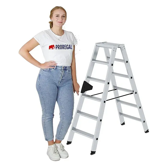 Proregal Doppel-Stehleiter beidseitig begehbar - Anzahl Tritte: 12 Stk., Arbeitshöhe: 2.900 mm, Belastbarkeit: 150 kg, Aluminium - Silberne Aluminium-Klappleiter, mit Frau zur Größenveranschaulichung.