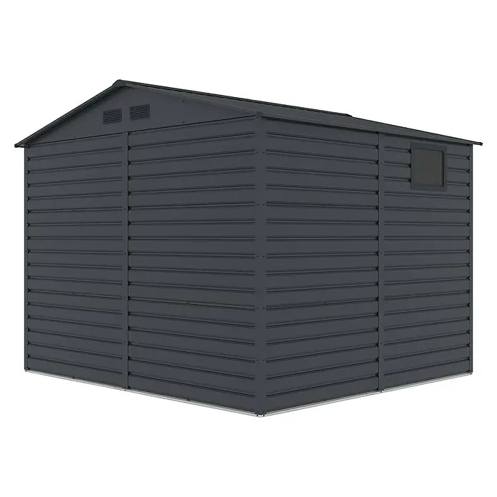Gardol Gerätehaus Easy One Max - Außenmaß inkl. Dachüberstand (B x T): 277 x 259 cm, Stahl, Anthrazit - Ein graues Gartenhaus mit einem Satteldach und einem kleinen Fenster an der Seite für die Gartenaufbewahrung.