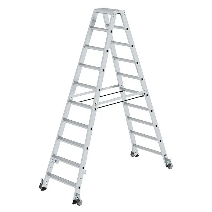 Proregal Doppel-Stehleiter beidseitig begehbar - Anzahl Tritte: 20 Stk., Arbeitshöhe: 3.850 mm, Belastbarkeit: 150 kg, Aluminium - Silberne verstellbare Aluminium-Klappleiter mit Rollen.