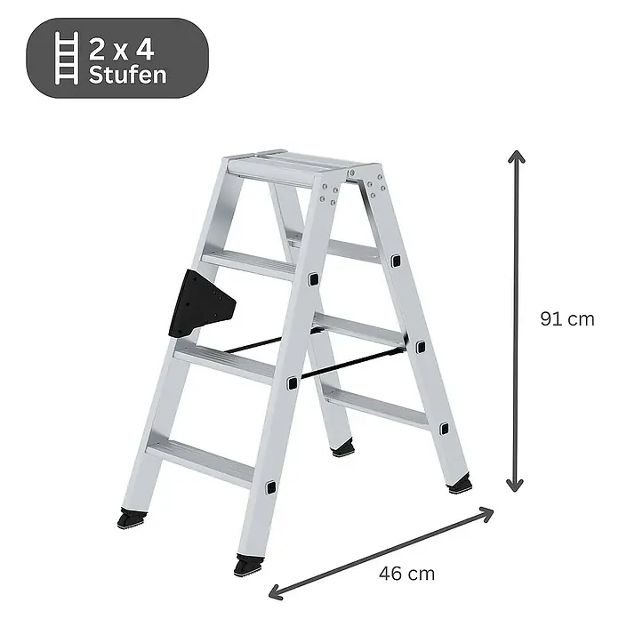 Proregal Doppel-Stehleiter beidseitig begehbar - Anzahl Tritte: 8 Stk., Arbeitshöhe: 2.450 mm, Belastbarkeit: 150 kg, Aluminium - Silberne Aluminium-Doppelstehleiter, 2x4 Stufen, 91 cm hoch, 46 cm breit.