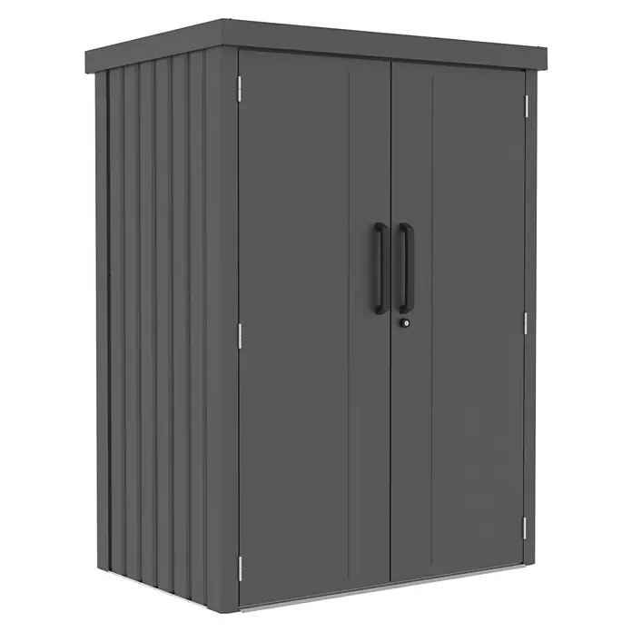 Gardol Geräteschrank Prime - Außenmaß inkl. Dachüberstand (B x T): 133 x 90 cm, Schwarz - Bild eines grauen Metallgartenschranks mit Doppeltüren und Griffen, ideal zur Aufbewahrung von Gartengeräten.