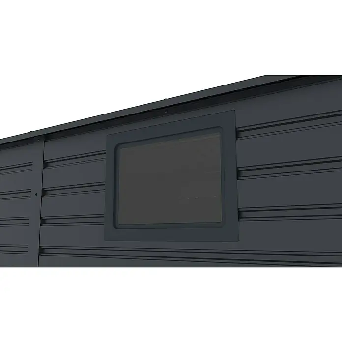 Gardol Gerätehaus Easy One Max - Außenmaß inkl. Dachüberstand (B x T): 277 x 259 cm, Stahl, Anthrazit - Detailansicht eines modernen Gerätehauses mit einem stilvollen Fenster, das für natürliches Licht und Belüftung sorgt.