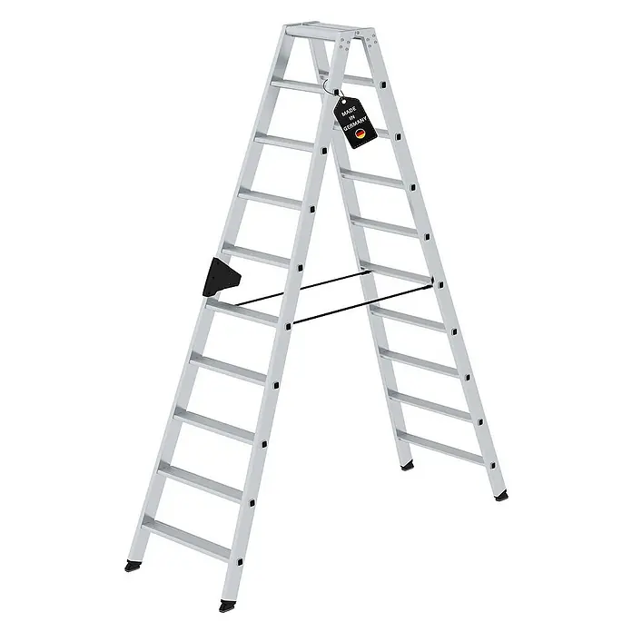 Proregal Doppel-Stehleiter beidseitig begehbar - Anzahl Tritte: 20 Stk., Arbeitshöhe: 3.850 mm, Belastbarkeit: 150 kg, Aluminium - Silberne Aluminium-Stehleiter mit schwarzem 'MADE IN GERMANY' Etikett und deutscher Flagge.