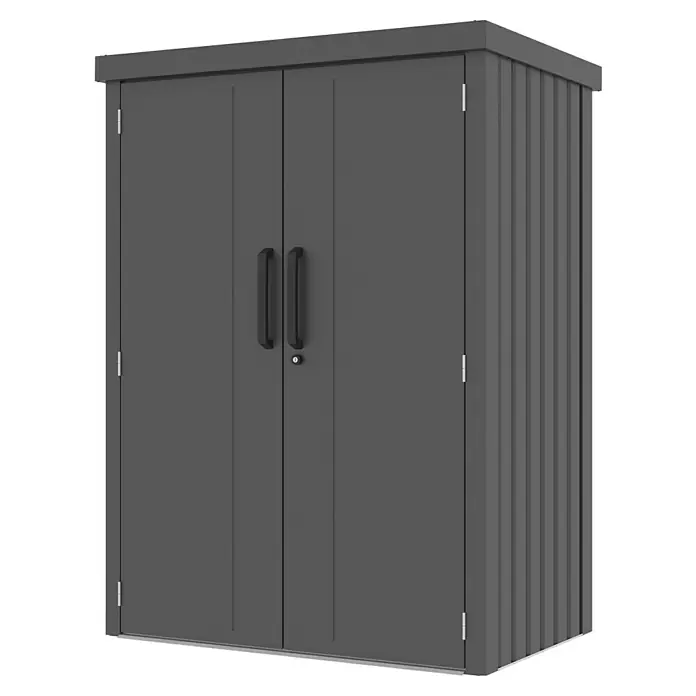 Gardol Geräteschrank Prime - Außenmaß inkl. Dachüberstand (B x T): 133 x 90 cm, Schwarz - Bild eines geräumigen, grauen Geräteschuppens mit Doppeltür, ideal zur Aufbewahrung von Gartengeräten und Werkzeugen.