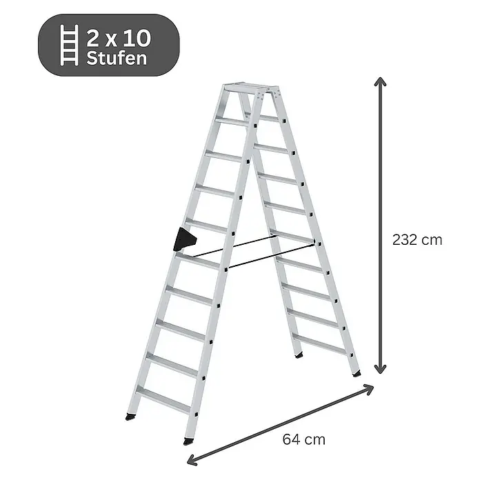 Proregal Doppel-Stehleiter beidseitig begehbar - Anzahl Tritte: 20 Stk., Arbeitshöhe: 3.850 mm, Belastbarkeit: 150 kg, Aluminium - Silberne Aluminium-Stehleiter mit 2x10 Stufen, 232 cm Höhe und 64 cm Breite.