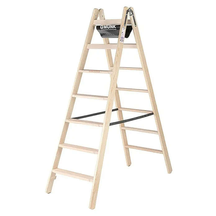 Proregal Doppel-Stehleiter mit 14 Stufen - Anzahl Tritte: 14 Stk., Belastbarkeit: 150 kg, Holz - Holz-Stehleiter in hellem Naturholzton mit schwarzer Ablage oben, robust gebaut für Stabilität.