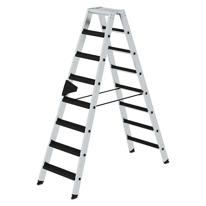 Proregal Doppel-Stehleiter beidseitig begehbar - Anzahl Tritte: 16 Stk., Arbeitshöhe: 3.400 mm, Belastbarkeit: 150 kg, Aluminium - Silberne Aluminium-Klappleiter mit schwarzen rutschfesten Stufen und stabilisierenden Streben.