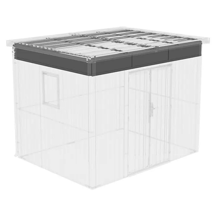 Gardol Ersatzteil-Set für Fenster Cubus Max - Passend für: Gardol Gerätehaus Cubus Max - Bild eines Geräteschuppens mit einem grauen Dach, das das Hauptmerkmal des Produkts hervorhebt.