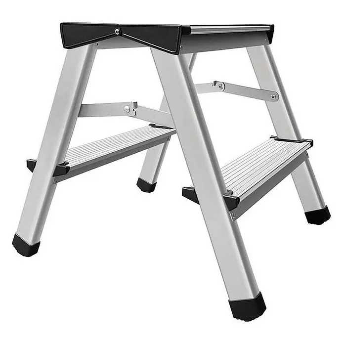 Proregal Doppel-Stehleiter mit 4 Stufen - Anzahl Tritte: 4 Stk., Belastbarkeit: 125 kg, Aluminium - Kompakter zweistufiger Trittschemel aus silbernem Aluminium mit schwarzen Anti-Rutsch-Elementen.