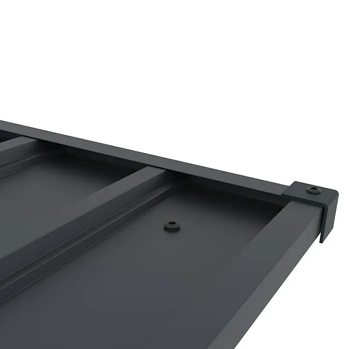 Gardol Gerätehaus Easy One Max - Außenmaß inkl. Dachüberstand (B x T): 277 x 259 cm, Stahl, Anthrazit - Detailansicht einer grauen Metallkonstruktion, möglicherweise ein Rahmen oder eine Stützstruktur, befestigt mit Schrauben.