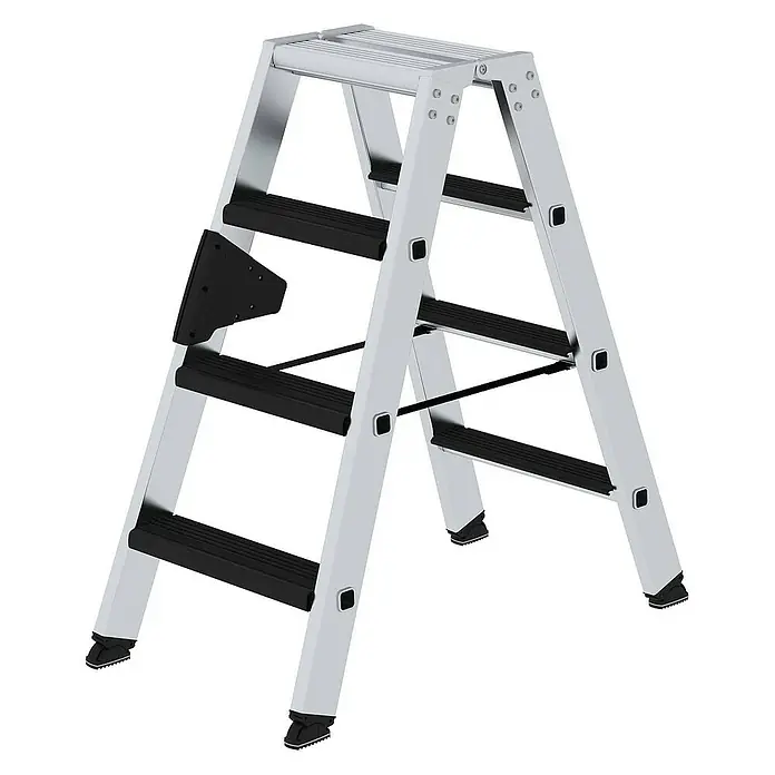 Proregal Doppel-Stehleiter beidseitig begehbar - Anzahl Tritte: 8 Stk., Arbeitshöhe: 2.450 mm, Belastbarkeit: 150 kg, Aluminium - Klappbare Stehleiter aus silbernem Aluminium mit schwarzen rutschfesten Stufen.