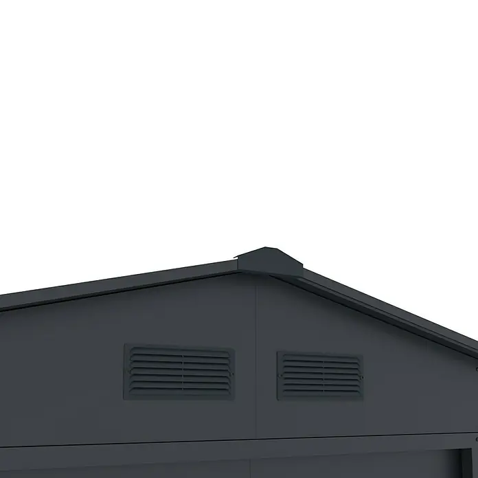 Gardol Gerätehaus Easy One Max - Außenmaß inkl. Dachüberstand (B x T): 277 x 259 cm, Stahl, Anthrazit - Nahaufnahme eines grauen Gartenhauses mit Lüftungsschlitzen und Giebeldach, ideal für die Gartenaufbewahrung.