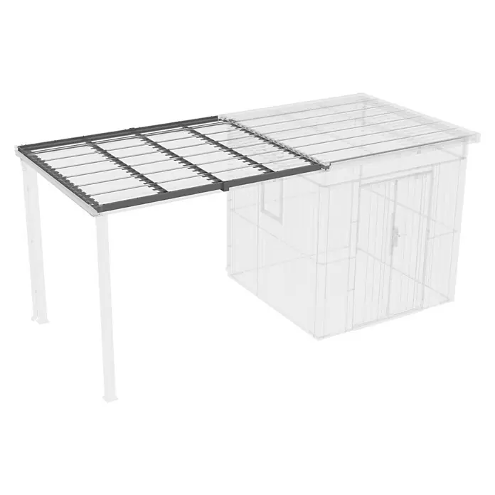 Gardol Dachrahmen Cubus - Passend für: Gardol Gerätehaus-Anbau Cubus - Eine Darstellung der Terrassenüberdachung mit Polycarbonatplatten, die einen überdachten Aussenbereich schafft.