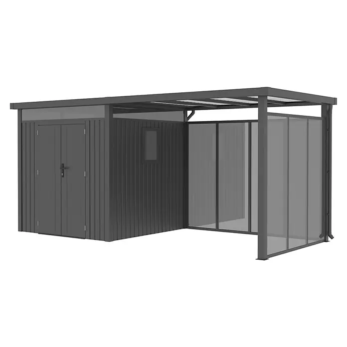 Gardol Rück- & Seitenwand Milchglas-Optik Cubus - Höhe: 190 cm, Passend für: Gardol Gerätehaus-Anbau Cubus & Cubus Max - Bild eines Metallgartenhauses mit Vordach, ideal für die Lagerung von Gartengeräten und als Unterstand.