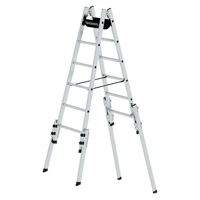 Proregal Doppel-Stehleiter treppengängig - Anzahl Tritte: 12 Stk., Arbeitshöhe: 3.900 mm, Belastbarkeit: 150 kg, Aluminium - Silberne Aluminium-Mehrzweckleiter mit schwarzen Komponenten, als A-förmige Stehleiter aufgebaut.