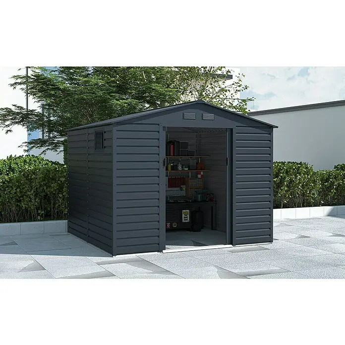 Gardol Gerätehaus Easy One Max - Außenmaß inkl. Dachüberstand (B x T): 277 x 259 cm, Stahl, Anthrazit - Großes, graues Metallgartenhaus mit offenem Eingang, das viel Stauraum bietet und ideal für jeden Garten ist.