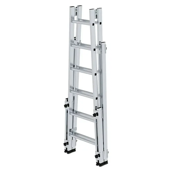 Proregal Doppel-Stehleiter treppengängig - Anzahl Tritte: 12 Stk., Arbeitshöhe: 3.900 mm, Belastbarkeit: 150 kg, Aluminium - Verstellbare, silberne Aluminium-Mehrzweckleiter mit schwarzen Füßen und Stellknöpfen.