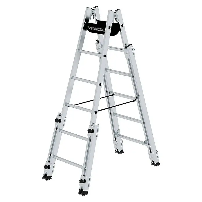 Proregal Doppel-Stehleiter treppengängig - Anzahl Tritte: 12 Stk., Arbeitshöhe: 3.900 mm, Belastbarkeit: 150 kg, Aluminium - Verstellbare silberne Aluminium-Mehrzweckleiter als Stehleiter, mit schwarzen rutschfesten Füßen und Stabilitätsmerkmalen.