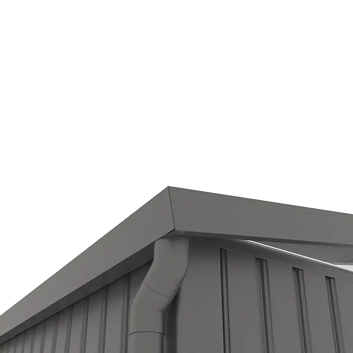 Gardol Gerätehaus Style Max - Außenmaß inkl. Dachüberstand (B x T): 289 x 253 cm, Stahl, Schwarz - Detailaufnahme einer grauen Dachrinne und eines grauen Gebäudes. Es zeigt die architektonischen Details der Regenwasserableitung.