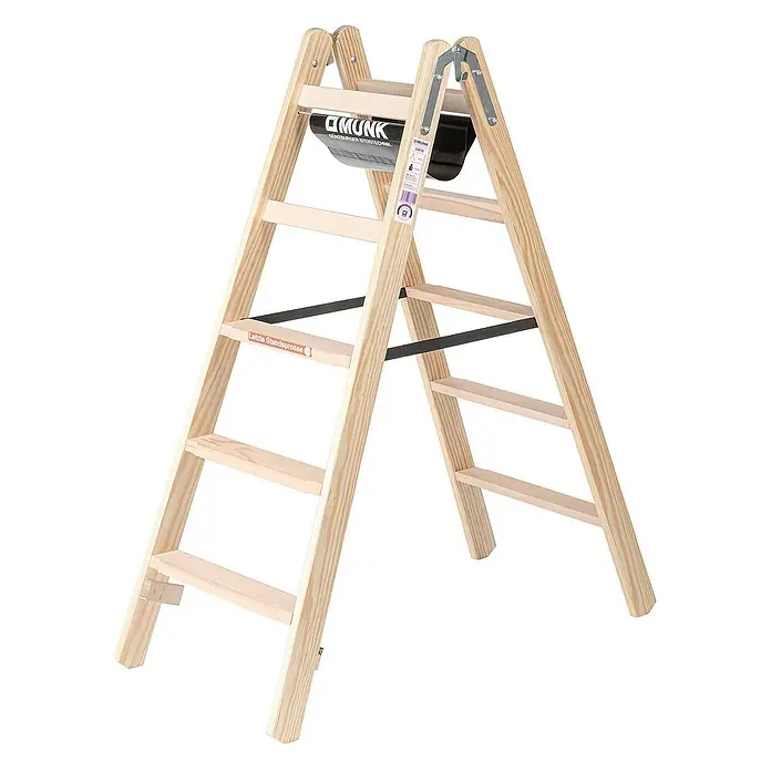 Proregal Doppel-Stehleiter mit 10 Stufen - Anzahl Tritte: 10 Stk., Arbeitshöhe: 2.710 mm, Belastbarkeit: 150 kg, Holz - Klappbare Stehleiter aus hellem Naturholz mit mehreren Stufen und schwarzen Sicherheitsgurten.