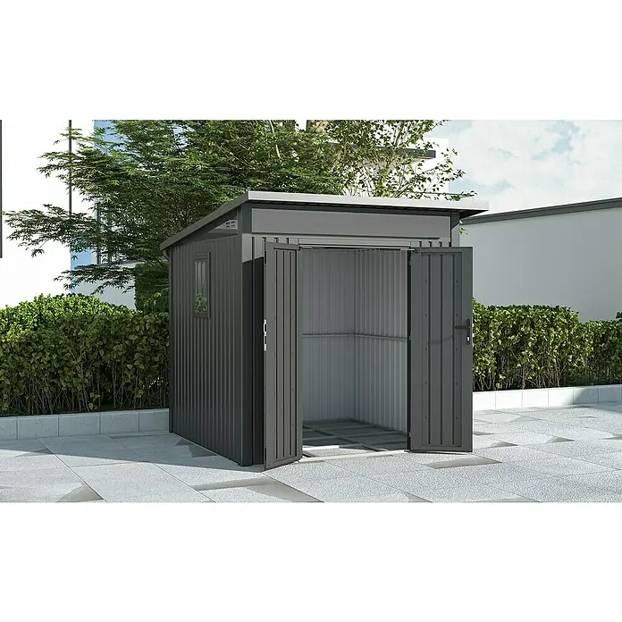 Gardol Gerätehaus Style Midi - Außenmaß inkl. Dachüberstand (B x T): 225 x 253 cm, Stahl, Schwarz - Abbildung eines grauen Metall-Gartenschuppens mit geöffneten Doppeltüren, der auf einer Terrasse steht und von Grün umgeben ist.