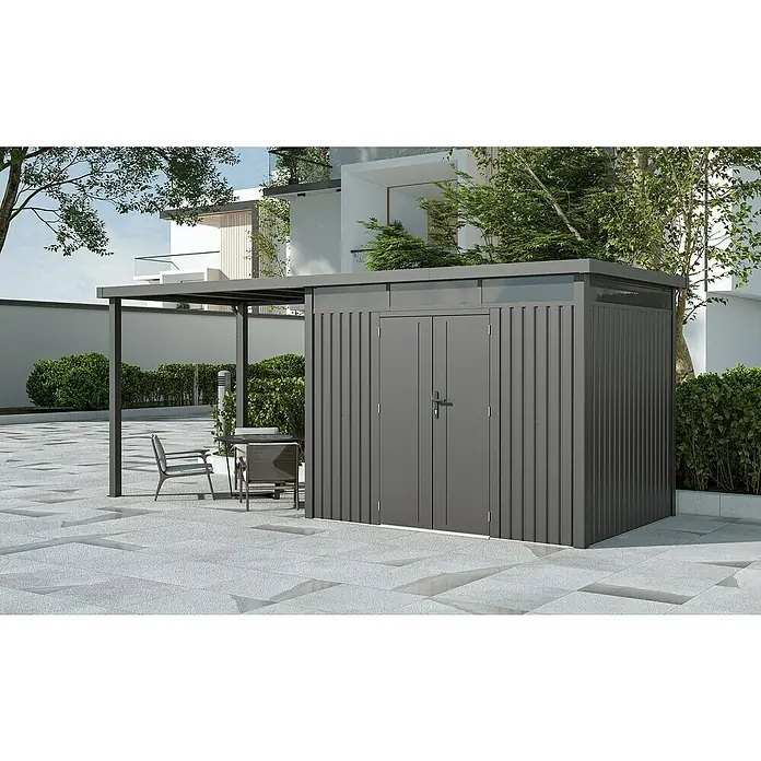 Gardol Gerätehaus-Anbau Cubus & Cubus Max - 230 x 275 cm, Stahl, Schwarz, Passend für: Gardol Gerätehaus Cubus - Bild eines modernen Gartenschuppens mit angrenzender Sitzgelegenheit, ideal für die Aufbewahrung und Entspannung im Freien.