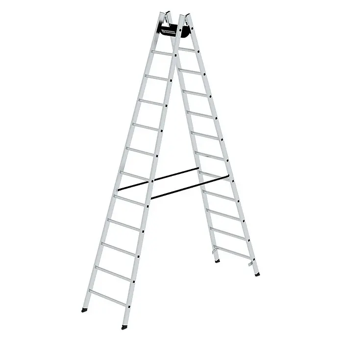 Proregal Doppel-Stehleiter 2x12-Sprossen - Anzahl Tritte: 24 Stk., Arbeitshöhe: 4.650 mm, Belastbarkeit: 150 kg, Aluminium - Silberne Aluminium-Klappleiter mit schwarzen Stabilisatoren und Gummifüßen.