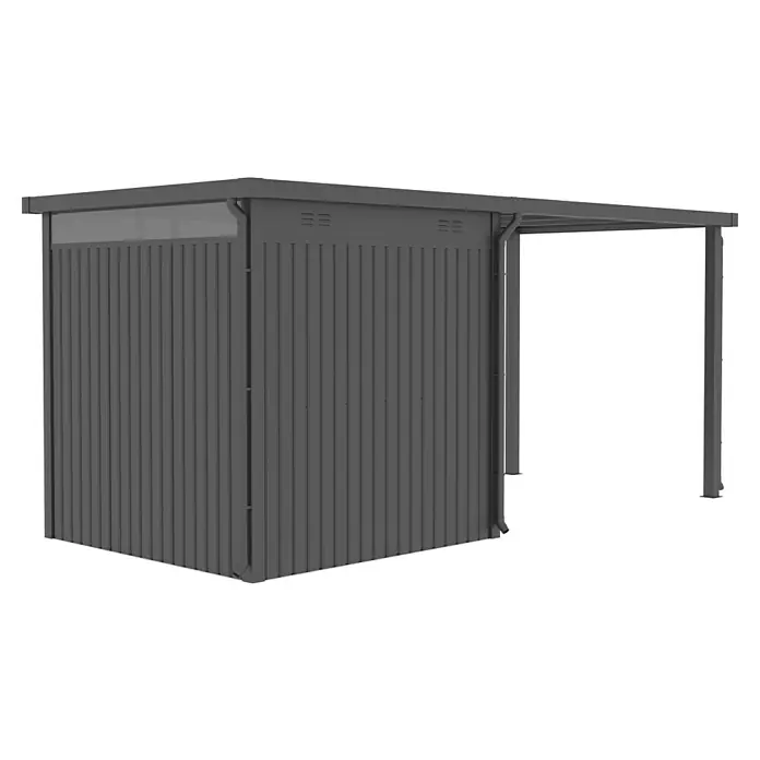 Gardol Gerätehaus-Anbau Cubus & Cubus Max - 230 x 275 cm, Stahl, Schwarz, Passend für: Gardol Gerätehaus Cubus - Abbildung eines modernen Gerätehauses in Grau mit integriertem Unterstand, ideal für den Garten. Praktische Aufbewahrungslösung.