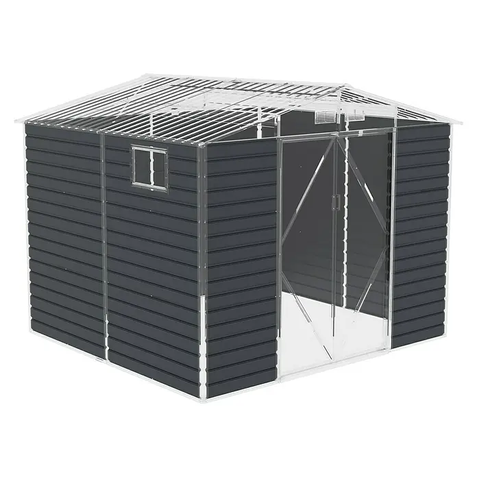 Gardol Ersatz-Wandpaneele Easy One Max - Passend für: Gardol Gerätehaus Easy One Max - Illustration eines grauen Metallgartenhauses mit Doppeltür und kleinem Fenster. Die Struktur hat ein transparentes Dach.