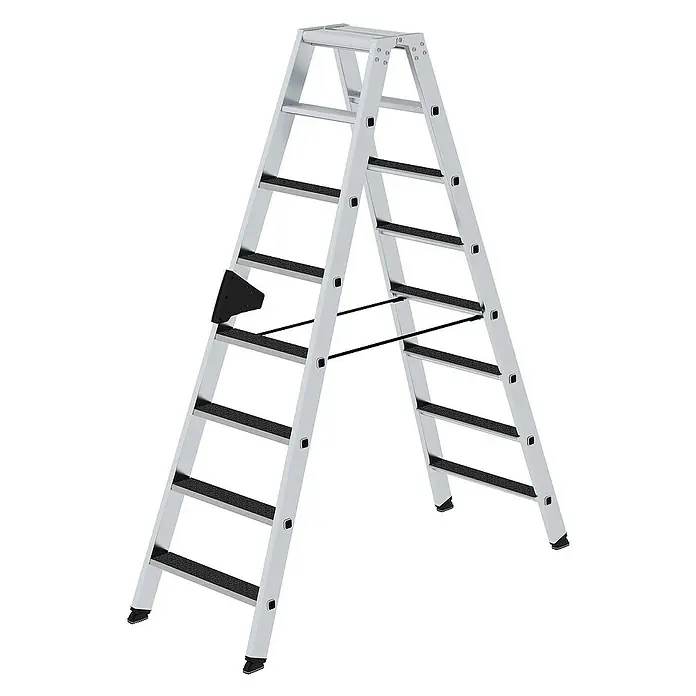 Proregal Doppel-Stehleiter beidseitig begehbar - Anzahl Tritte: 16 Stk., Arbeitshöhe: 3.400 mm, Belastbarkeit: 150 kg, Aluminium - Silberne Aluminium-Stehleiter mit schwarzen rutschfesten Stufen, für Heim oder Arbeit.