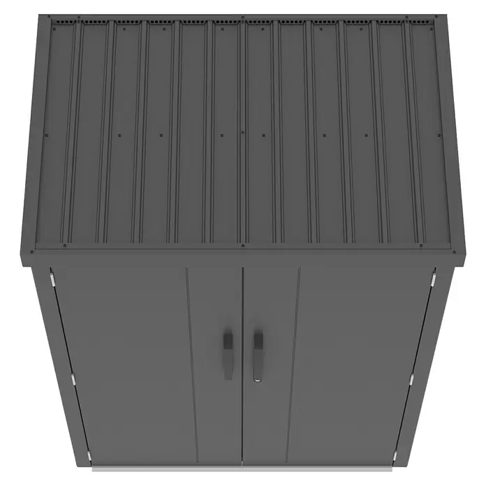 Gardol Geräteschrank Prime - Außenmaß inkl. Dachüberstand (B x T): 133 x 90 cm, Schwarz - Grauer Metallschuppen mit Doppeltüren und einem Dach mit vertikalen Streifen. Ideal für die Aufbewahrung im Außenbereich.