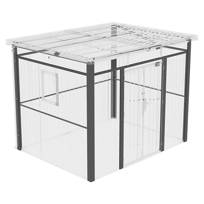 Gardol Wandrahmen Cubus Max - Passend für: Gardol Gerätehaus Cubus Max - Darstellung eines transparenten Gewächshauses mit robustem Rahmen und Fenster, ideal für den Gartenanbau.