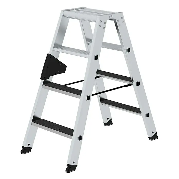Proregal Doppel-Stehleiter beidseitig begehbar - Anzahl Tritte: 8 Stk., Arbeitshöhe: 2.450 mm, Belastbarkeit: 150 kg, Aluminium - Silberne Aluminium-Klappleiter mit schwarzen rutschfesten Tritten und Füßen für sicheres Steigen.