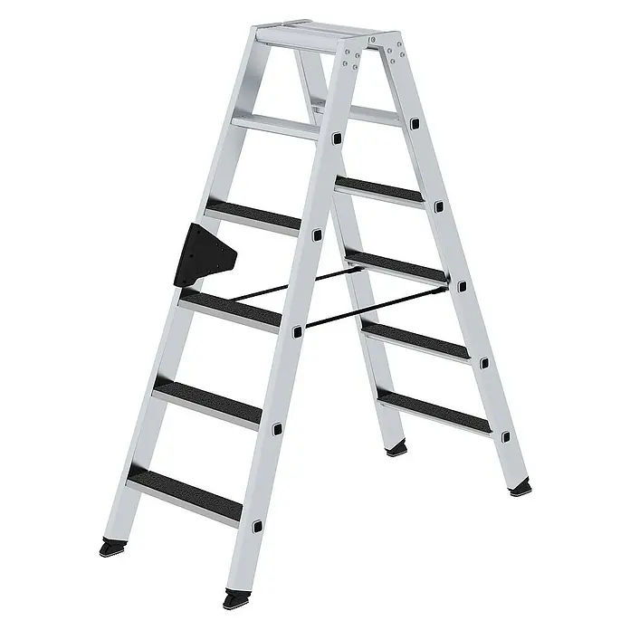 Proregal Doppel-Stehleiter beidseitig begehbar - Anzahl Tritte: 12 Stk., Arbeitshöhe: 2.900 mm, Belastbarkeit: 150 kg, Aluminium - Silberne Aluminium-Klappleiter mit schwarzen rutschfesten Trittflächen und Füßen, von beiden Seiten begehbar.
