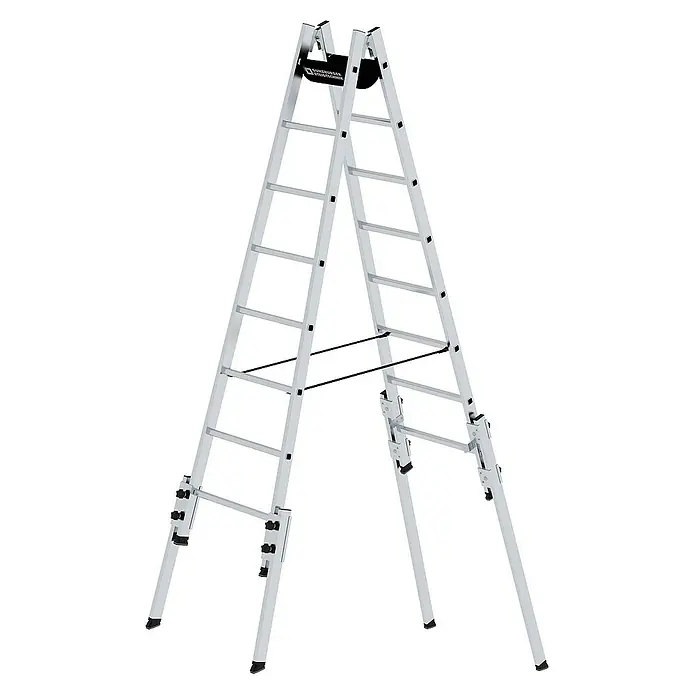 Proregal Doppel-Stehleiter treppengängig - Anzahl Tritte: 16 Stk., Arbeitshöhe: 4.500 mm, Belastbarkeit: 150 kg, Aluminium - Silberne Aluminium-Mehrzweckleiter mit verstellbaren Beinen und doppelseitigem Zugang.