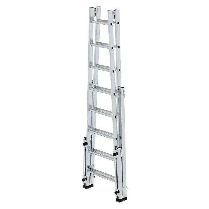 Proregal Doppel-Stehleiter treppengängig - Anzahl Tritte: 16 Stk., Arbeitshöhe: 4.500 mm, Belastbarkeit: 150 kg, Aluminium - Silberne Aluminium-Mehrzweckleiter mit verstellbaren Abschnitten und schwarzen Standfüßen, in A-Form.